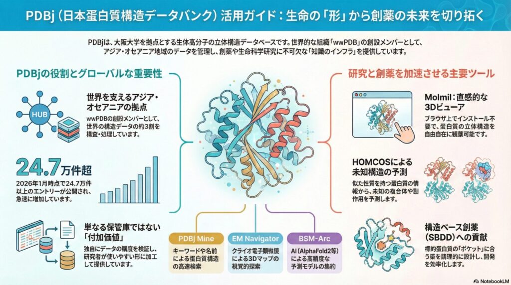 PDBj（日本蛋白質構造データバンク）の役割と主要ツールを解説するインフォグラフィック。大阪大学を拠点とするアジア・オセアニアの構造データ拠点としての重要性と、MolmilやHOMCOS、BSM-Arcなどの創薬支援ツールの全体像