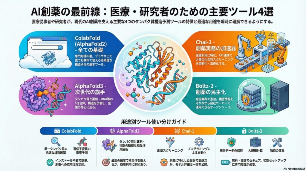 AI創薬の主要ツール4選（ColabFold、AlphaFold3、Chai-1、Boltz-2）の特徴と用途を比較した解説インフォグラフィック