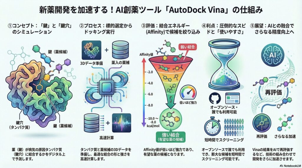 AI創薬ツール「AutoDock Vina」の仕組みを解説するインフォグラフィック。鍵（薬候補）と鍵穴（タンパク質）の結合シミュレーション、3Dデータを用いた高速計算、Affinity値による候補の絞り込み、オープンソースによる短時間スクリーニング、AIとの融合による再評価の5つのステップをイラストで説明しています。