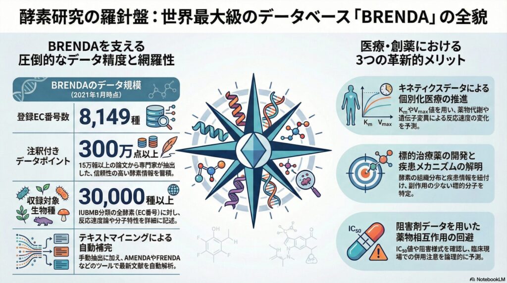 酵素データベース「BRENDA」のデータ規模と医療・創薬における3つのメリットを解説したインフォグラフィック。登録EC番号8,149種、300万点以上の注釈付きデータ、30,000種以上の生物種を網羅