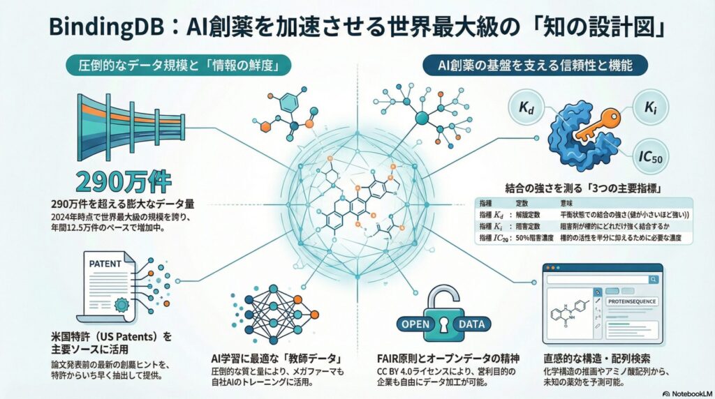 BindingDBの機能と特徴をまとめたインフォグラフィック:290万件以上の結合データ、米国特許の活用、AI創薬への応用、主要な指標($K_d$、$K_i$、$IC_{50}$)について解説