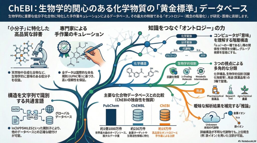ChEBIデータベースの解説インフォグラフィック。生物学的に重要な低分子化合物に特化した手作業キュレーション、オントロジーによる階層構造、PubChemやChEMBLとの比較図解