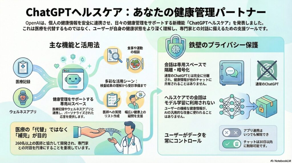 OpenAIの「ChatGPTヘルスケア」の機能とプライバシー保護を解説したインフォグラフィック。医療記録・アプリ連携、医師監修、データの隔離・暗号化、AI学習への非利用など、安心・安全な活用法をまとめています。