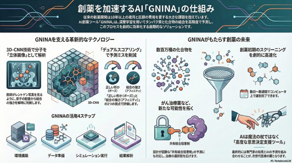 AI創薬ツール「GNINA」の仕組みと特徴を解説したインフォグラフィック。3D-CNN技術、デュアルスコアリング、活用の4ステップ、創薬の未来（スクリーニング高速化や共有結合阻害剤）について図解しています。