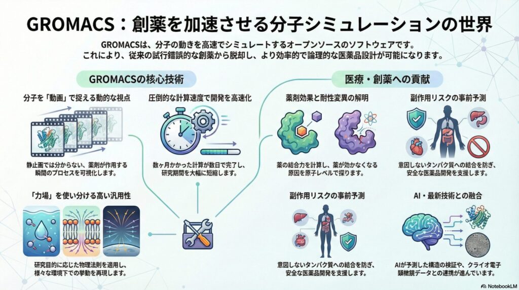 GROMACSによる創薬分子シミュレーションの解説図。分子の動的視点、計算速度、力場の汎用性、および薬剤効果、副作用予測、AI融合などの貢献を説明するインフォグラフィック