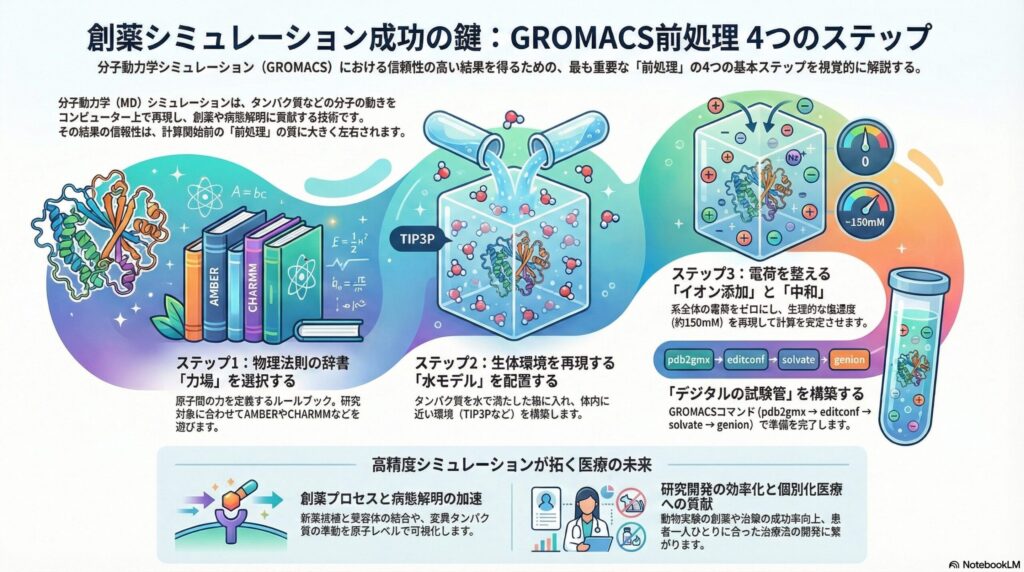 創薬シミュレーション成功の鍵となるGROMACS前処理の4つのステップを解説するインフォグラフィック。ステップ1の力場選択、ステップ2の水モデル配置、ステップ3のイオン添加と電荷中和、そしてpdb2gmxからgenionに至るコマンドフローが視覚的に説明されている。