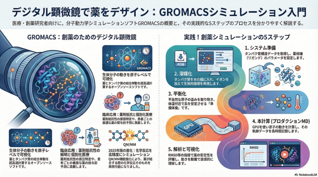 GROMACSによる分子動力学シミュレーションの概要と、創薬における5つの実践ステップ（システム準備、溶媒化、平衡化、本計算、解析と可視化）を解説したインフォグラフィック