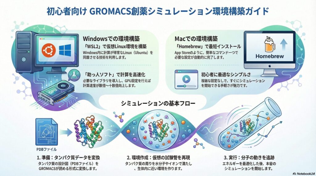 初心者向けGROMACS創薬シミュレーション環境構築ガイドのインフォグラフィック。Windows/WSL2、Mac/Homebrewでの構築方法と、PDBファイル変換から実行までのシミュレーション基本フローを視覚的に解説しています。