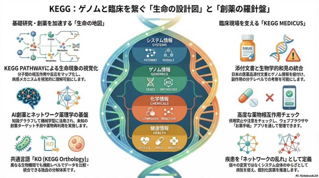 KEGG(Kyoto Encyclopedia of Genes and Genomes)の概念図。システム、ゲノム、化学、健康の4層情報を統合し、基礎研究・AI創薬から臨床現場(KEGG MEDICUS)までを繋ぐ役割を解説したインフォグラフィック