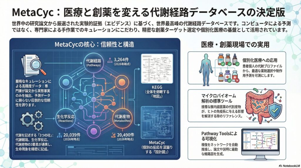 MetaCyc代謝経路データベースの解説インフォグラフィック。実験的証拠に基づく高精度なデータ構造（経路・反応・代謝物）と、個別化医療やマイクロバイオーム解析への応用例を示している。