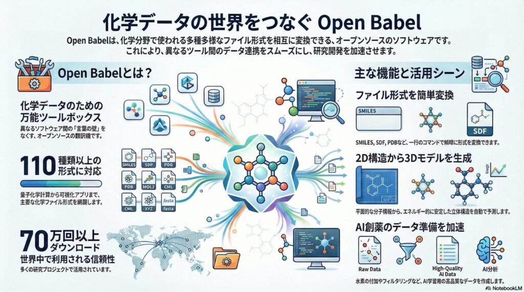 化学データの形式変換や3Dモデル生成を行うツール「Open Babel」の機能を解説したインフォグラフィック。110種類以上の形式対応やAI創薬への活用、2Dから3Dへの構造変換プロセスが図解されている。