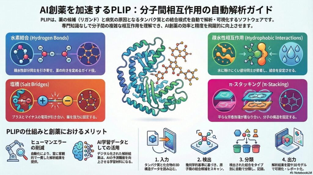 AI創薬ツールPLIPによるタンパク質とリガンドの相互作用解析の仕組み図。水素結合、疎水性相互作用、塩橋、π-スタッキングの4つの結合タイプと、入力から出力までの4ステップを解説しています。