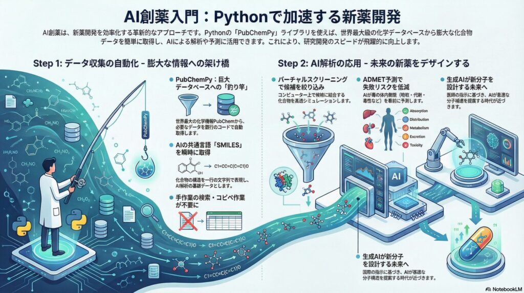 AI創薬におけるPythonライブラリ「PubChemPy」の活用フロー図。データ収集の自動化からバーチャルスクリーニング、ADMET予測、生成AIによる新分子設計までの流れをイラストで解説しています。