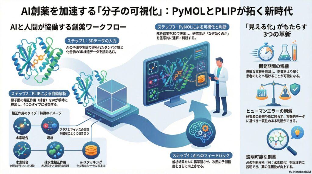 タンパク質とリガンドの分子間相互作用（水素結合、塩橋、疎水性相互作用、π-スタッキング）を自動解析するソフトウェア「PLIP」の仕組みとメリットを説明するインフォグラフィック