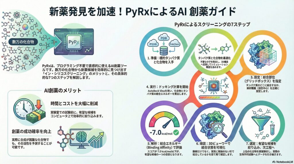 AI創薬ツールPyRxによる大規模イン・シリコスクリーニングの7つのステップを解説するインフォグラフィック
