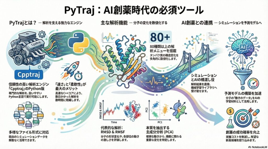 AI創薬における分子動力学シミュレーション解析ツールPyTrajの機能とメリットを解説したインフォグラフィック。Cpptrajの高速性とPythonの柔軟性を備え、80種類以上の解析機能やAI連携による予測モデル構築について説明しています。