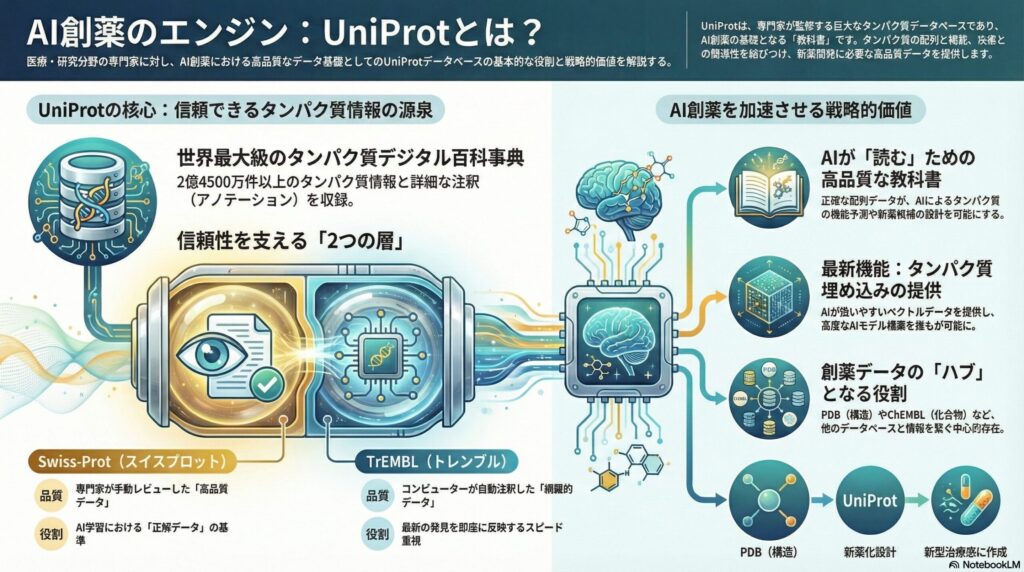 AI創薬の基盤となるタンパク質データベース「UniProt」の役割と戦略的価値を解説した図解インフォグラフィック