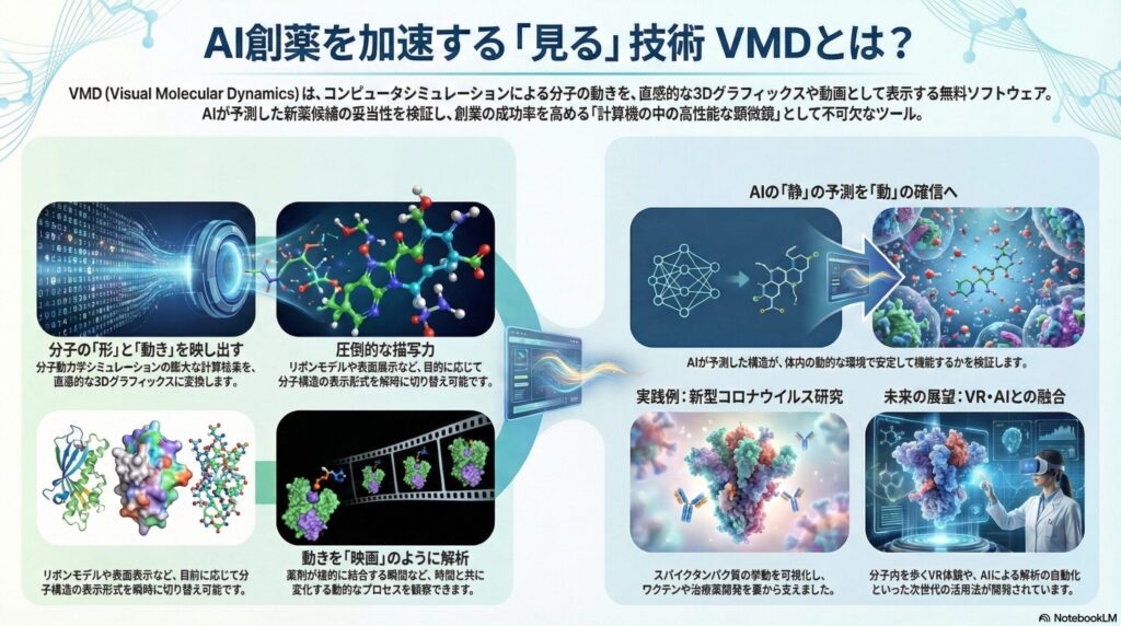 AI創薬を加速する分子可視化ツールVMD（Visual Molecular Dynamics）の機能と役割を解説したインフォグラフィック