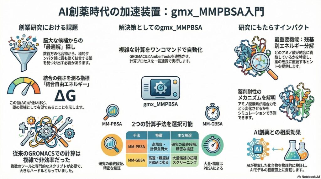 AI創薬におけるgmx_MMPBSAの役割を解説するインフォグラフィック。創薬の課題、MM-PBSA・MM-GBSAの計算手法、残基別エネルギー分解などの研究へのメリット、AI創薬との相乗効果を視覚的にまとめています。