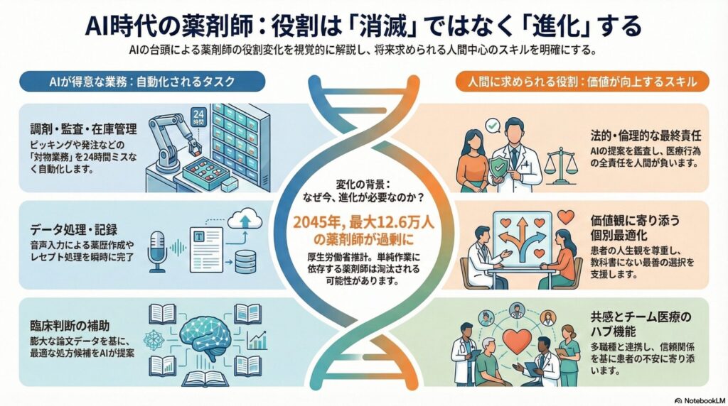 薬剤師の業務におけるAIと人間の役割分担を示すインフォグラフィック。左側にAIによる自動化タスク、右側に人間が担う専門業務、中央に2045年の薬剤師需給予測が描かれている。