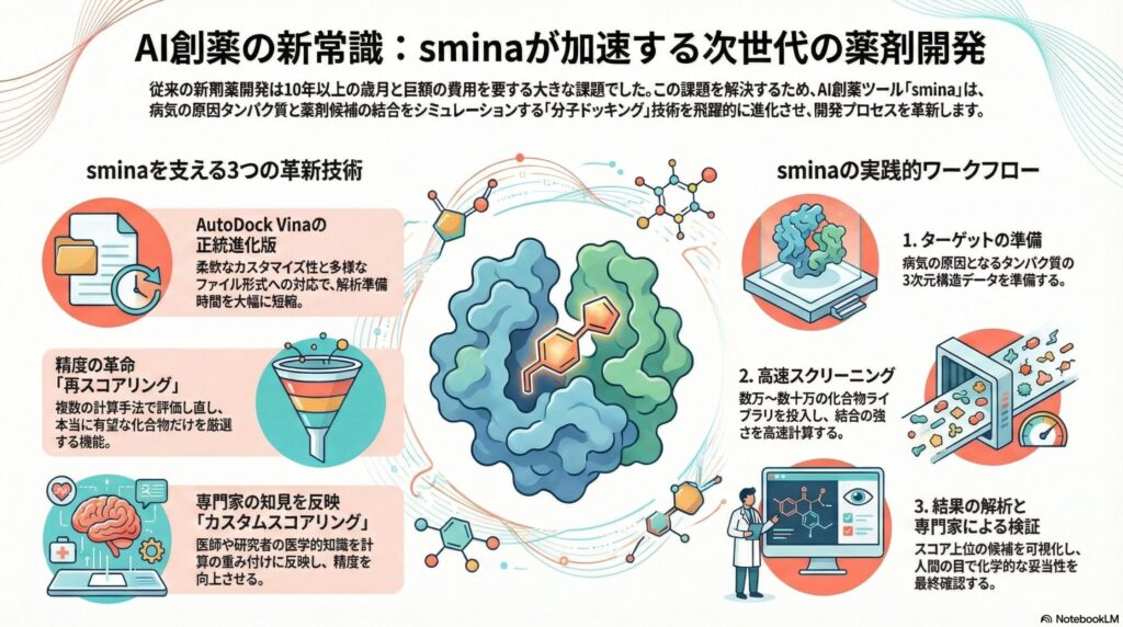 AI創薬ツール「smina」の革新技術（再スコアリング、カスタムスコアリング）と実践的なワークフロー（ターゲット準備、高速スクリーニング、結果解析）を解説したインフォグラフィック画像