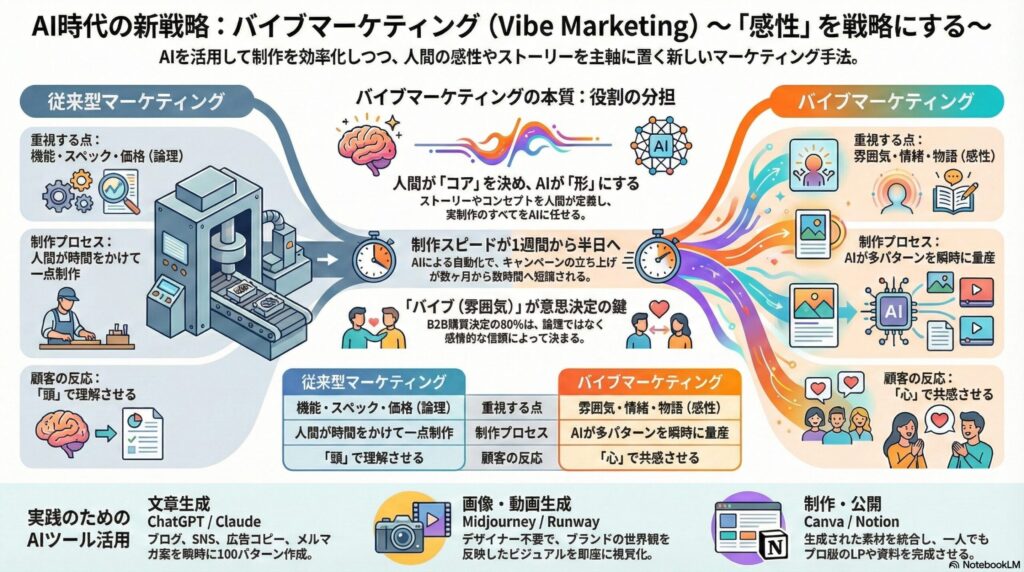 AI時代の新戦略「バイブマーケティング」の仕組みと、従来型マーケティングとの違いを比較したインフォグラフィック。人間が「コア（感性）」を決め、AIが「形（制作）」を高速化するプロセスを説明している図解