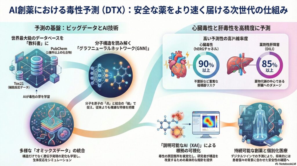 AI創薬における毒性予測（DTX）の仕組みを解説したインフォグラフィック。PubChemやTox21等のビッグデータ、GNN技術、心臓・肝毒性の高い予測精度（85-90%以上）、説明可能なAI（XAI）の活用イメージを網羅