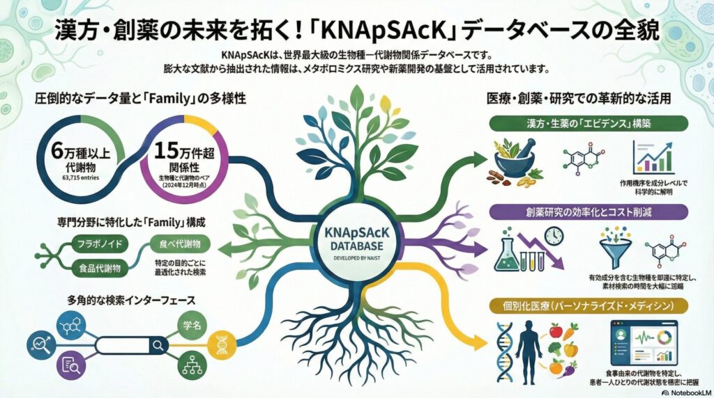 KNApSAcKデータベースの概要を示すインフォグラフィック。6万種以上の代謝物と15万件以上の種間関係を網羅し、漢方のエビデンス構築や創薬研究、個別化医療へ活用される様子を図解している。