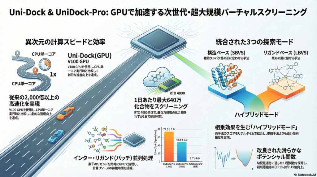 Uni-DockとUniDock-ProによるGPU加速バーチャルスクリーニングの概要図：計算スピード、バッチ並列処理、SBVS・LBVS・ハイブリッドの3つの探索モードを図解