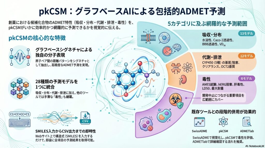 pkCSMのADMET予測機能を示すインフォグラフィック。グラフベースシグネチャによる分子表現、吸収・分布・代謝・排泄・毒性の5カテゴリ28モデル、SMILES入力からの一括予測フロー、hERG・AMES・肝毒性などの毒性予測機能を図解