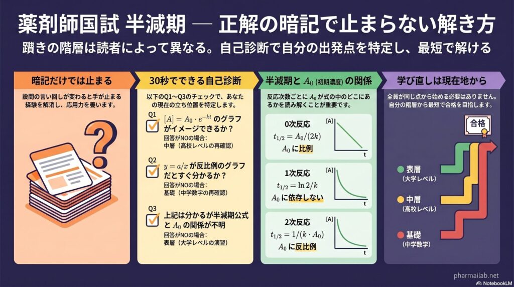 【第111回 薬剤師国試 問93】半減期問題の解説記事のアイキャッチ画像。4パネル構成で、暗記の限界、30秒自己診断（Q1指数対数・Q2反比例・Q3公式適用）、0次/1次/2次反応の半減期と初期濃度A₀の関係グラフ、表層・中層・基礎の3階層別ロードマップを示す自己診断型学習ガイド