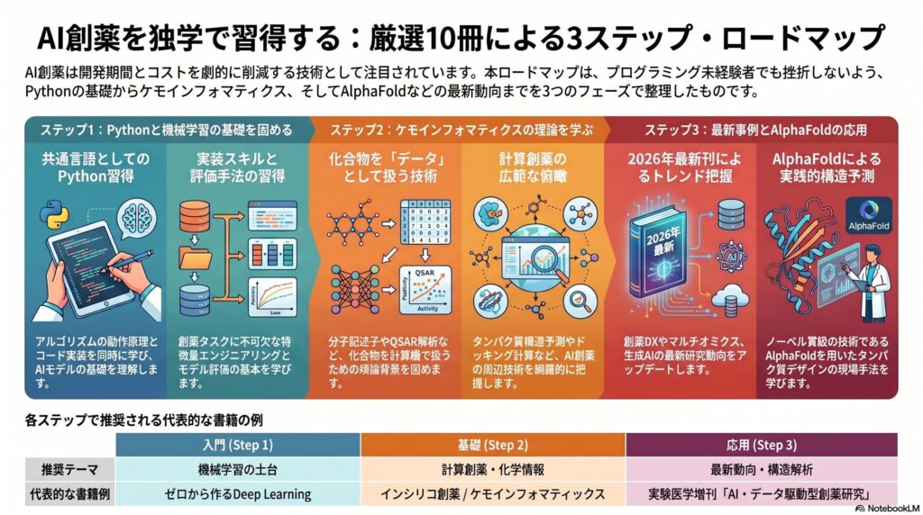AI創薬を学ぶおすすめ書籍10選のインフォグラフィック。入門編3冊・基礎編3冊（Python系2冊+R本1冊）・応用編4冊（2026年最新刊2冊含む）を学習ロードマップ形式で視覚化した図