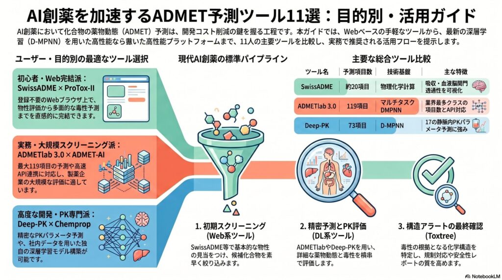 AI創薬におけるADMET予測ツール11選の比較と活用フローをまとめたインフォグラフィック。初心者向けWebツールから実務者向けの深層学習モデル（D-MPNN）まで、目的別のツール選択と、初期スクリーニングから最終確認までの3ステップの標準パイプラインを図解しています。