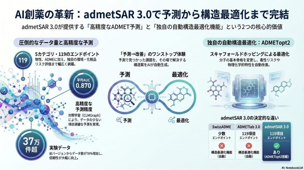 admetSAR 3.0の主要機能を示すインフォグラフィック。CLMGraphフレームワーク（対照学習+マルチタスクGNN）、5カテゴリ119エンドポイント、37万件超の学習データ、ADMETopt2による構造最適化機能、平均AUC 0.870の予測精度を図解