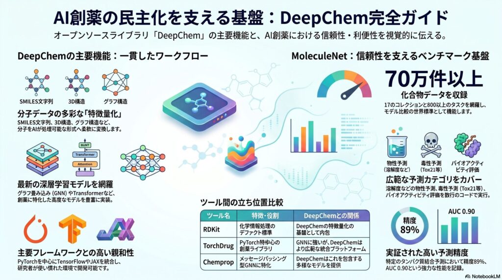 AI創薬のオープンソースライブラリ「DeepChem」の機能を解説したインフォグラフィック。分子の特徴量化、最新の深層学習モデル、MoleculeNetによる70万件以上の化合物データ、および他の化学ITツール（RDKit, TorchDrug等）との比較が図解されている。