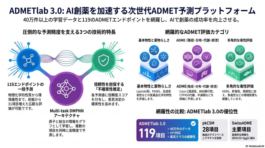 ADMETlab 3.0の主要機能を示すインフォグラフィック。Multi-task DMPNNアーキテクチャ、119のADMETエンドポイント、40万件超の学習データ、不確実性推定、API機能、決定支援の6つの特徴を図解。SwissADMEやpkCSMを超える網羅性と精度を実現