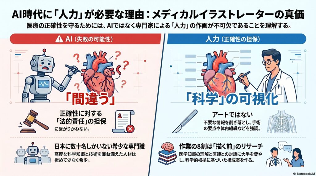 AIとメディカルイラストレーターの比較インフォグラフィック。「AI時代に『人力』が必要な理由：メディカルイラストレーターの真価」というタイトルで、AIの不正確さと専門家による科学的根拠に基づいた作画の重要性を対比させている。