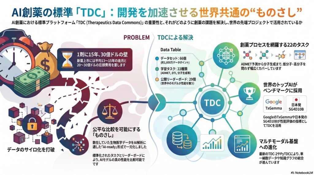 TDC（Therapeutics Data Commons）の全体像を示すインフォグラフィック。66個のAI-readyデータセットと22種類の機械学習タスク、29の公開リーダーボードを中心に、TDC-2（1,000以上のマルチモーダルデータセット）およびPyTDC（ICML 2025発表）への進化と、TxGemma・SG4D10Bといった活用事例を可視化している。