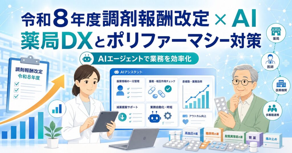 令和8年度調剤報酬改定とAIによる薬局DX、ポリファーマシー対策を示すアイキャッチ画像。薬剤師、患者、AIダッシュボード、薬剤管理、医師・医療機関との連携を描いている。