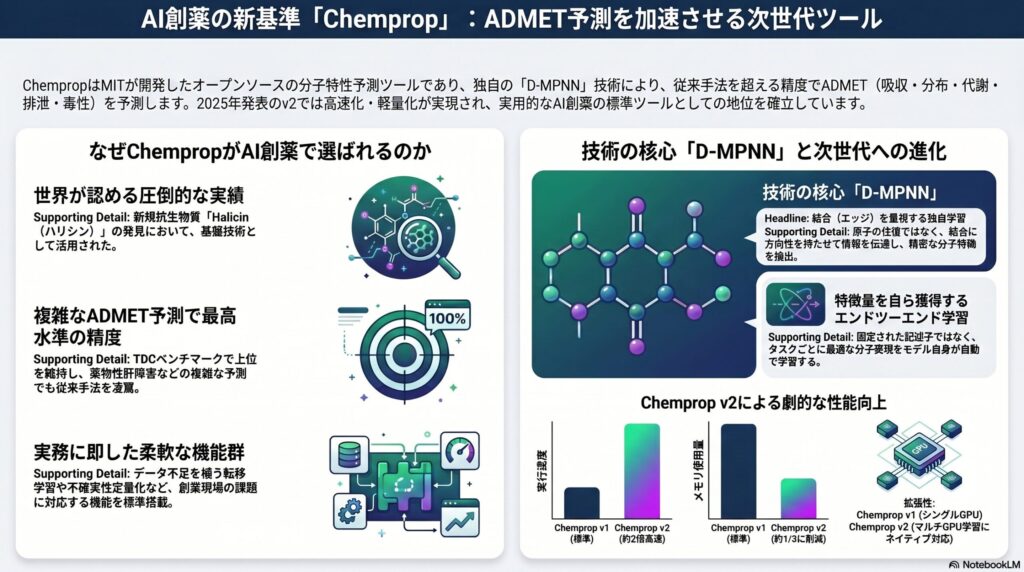 AI創薬ツール「Chemprop」の技術解説インフォグラフィック。D-MPNNの仕組み、抗生物質Halicin発見の実績、および従来版（v1）と最新版（v2）の実行速度・メモリ使用量の比較グラフが示されています。