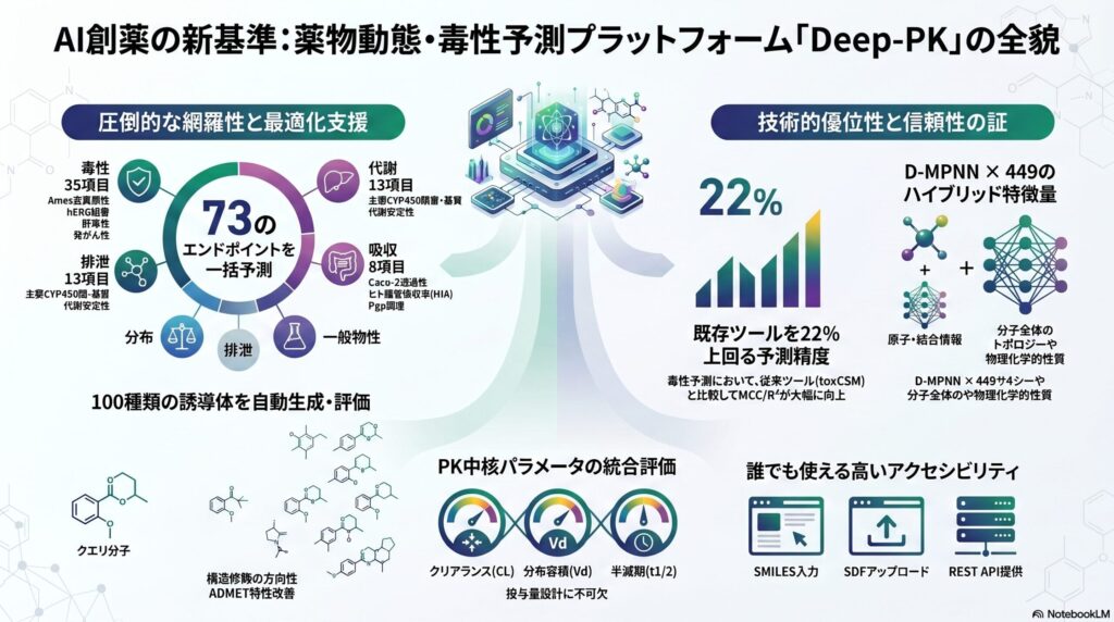 AI創薬プラットフォーム「Deep-PK」の全貌を解説したインフォグラフィック。73の予測エンドポイント（毒性、代謝、吸収など）、D-MPNN技術による精度向上、PKパラメータの評価機能、およびウェブベースの操作画面など、ツールの主要な特徴が網羅されています。