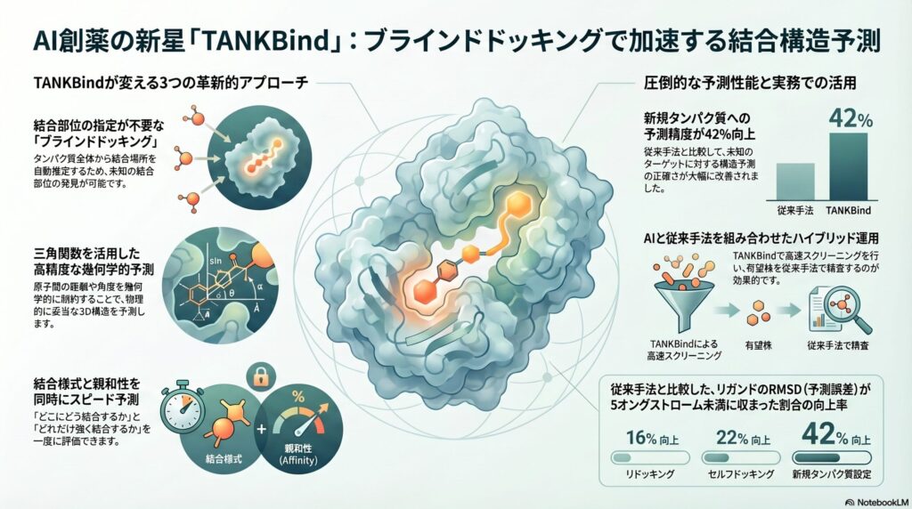 AI創薬ツール「TANKBind」の特長をまとめたインフォグラフィック。ブラインドドッキング、三角関数による幾何学的予測、結合様式と親和性の同時予測という3つの革新的アプローチと、新規タンパク質への予測精度が従来比42%向上した実績を示すグラフや図解。