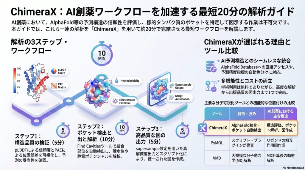 AlphaFold予測構造のPAE・pLDDT信頼性評価、Find Cavitiesによるリガンド結合ポケット検出、スクリプト自動化による出版品質の図出力の統合ワークフローを図解。