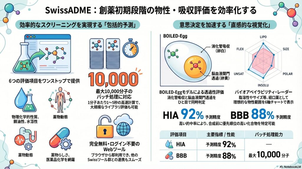 SwissADMEの主要機能を示すインフォグラフィック。BOILED-Eggモデルによる消化管吸収・BBB透過の同時予測、バイオアベイラビリティレーダーによる6軸評価、Lipinski則をはじめとする5つのドラッグライクネスフィルター、SMILES入力からバッチ処理までの使い方フローを図解