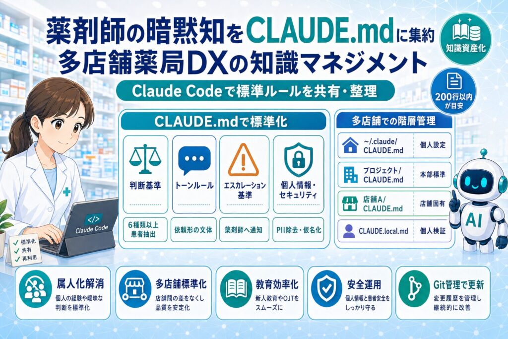 薬剤師の暗黙知をCLAUDE.mdに集約し、多店舗薬局DXの知識マネジメントを標準化することを示したアイキャッチ画像