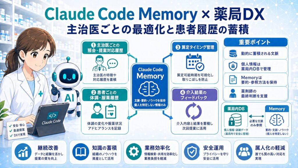 Claude Code Memoryを活用し、主治医ごとの照会・提案対応履歴、患者ごとの体調・服薬履歴、算定タイミング管理、介入結果のフィードバックを薬局DXに活かすイメージ図