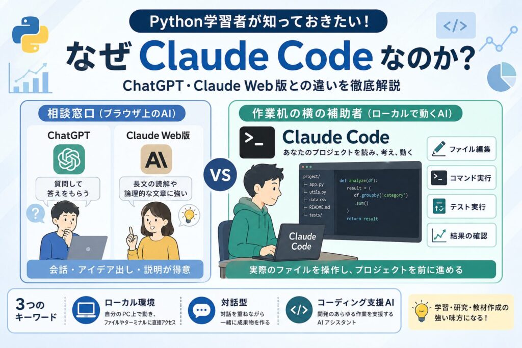 Claude CodeとChatGPT・Claude Web版の違いを比較した日本語インフォグラフィック。左に「相談窓口(ブラウザ上のAI)」としてChatGPTとClaude Web版、右に「作業机の横の補助者(ローカルで動くAI)」としてClaude Codeを配置し、ファイル編集・コマンド実行・テスト実行・結果確認などの特徴を視覚的に示している。