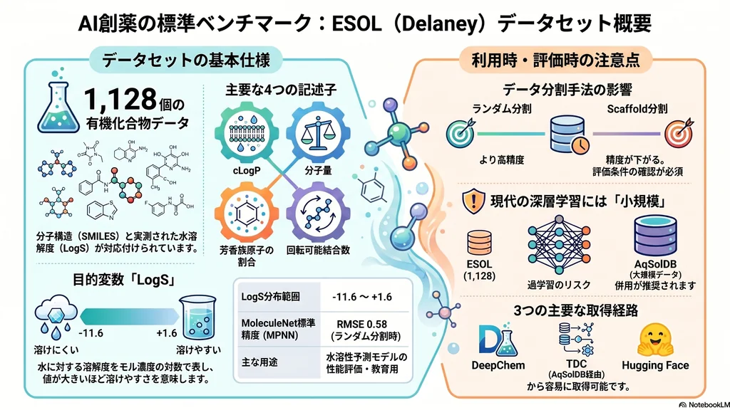 AI創薬の標準ベンチマークESOL（Delaney）データセットの概要、主要記述子、LogSの範囲、利用時の注意点を示した図