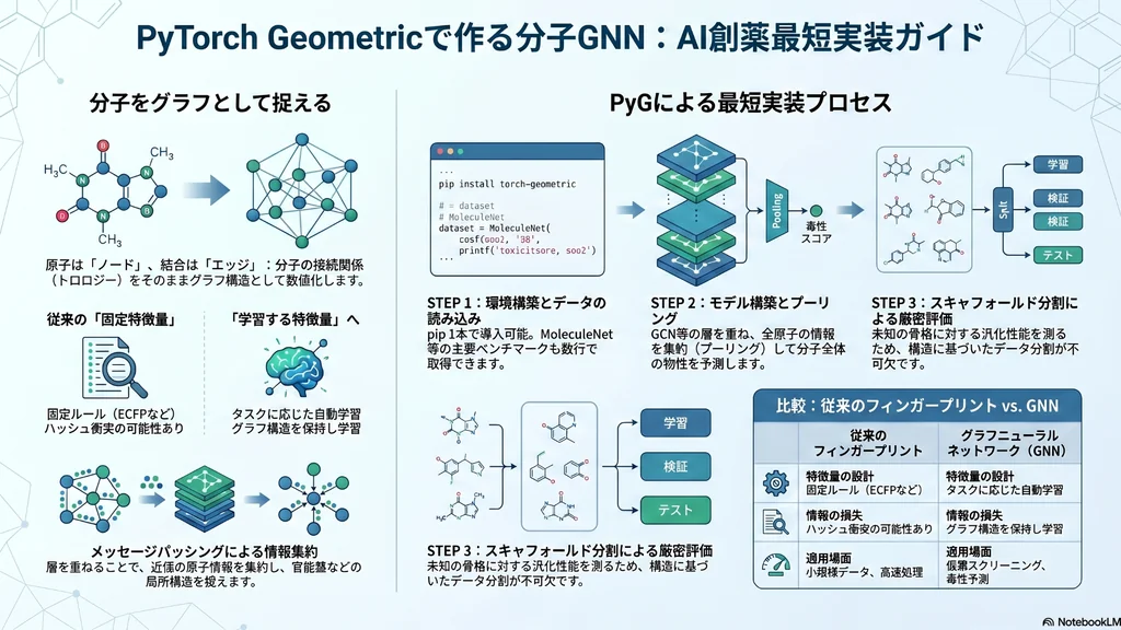 PyTorch Geometricで分子GNNを構築し、AI創薬に応用する流れを説明した図解