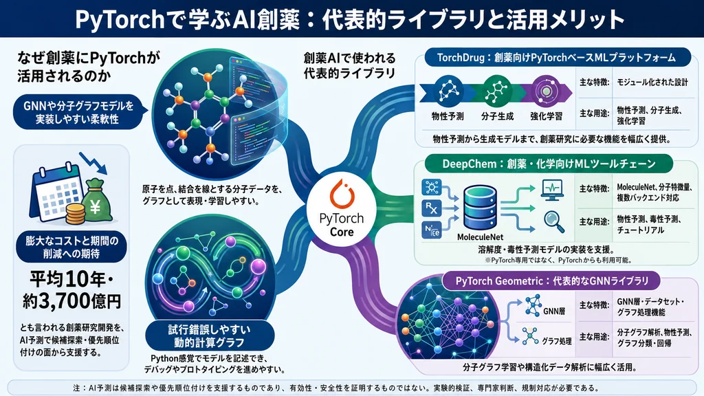 PyTorchを用いたAI創薬について、TorchDrug、DeepChem、PyTorch Geometricなどの代表的ライブラリと活用メリットを示した図解